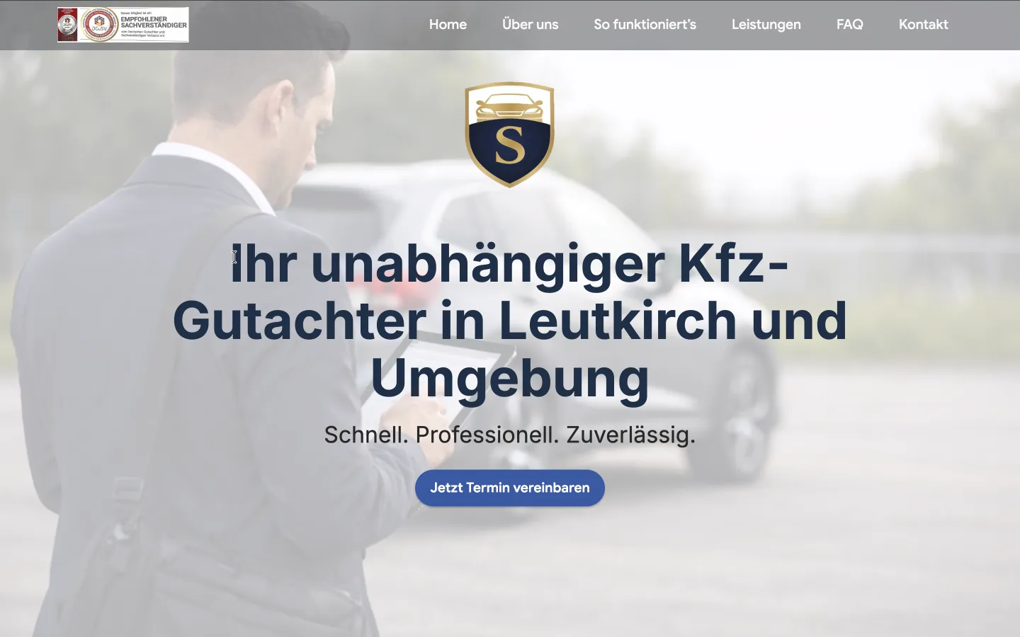 Startseite von sabahoglu-sv.de: „Ihr unabhängiger Kfz-Gutachter in Leutkirch und Umgebung“ mit Navigation und Terminbutton